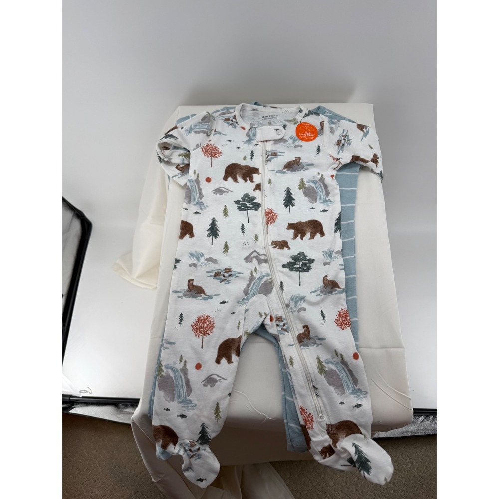 Carter's Just One You Sleepers Infant 6m NEW 2-Pack Bear & Blue/white Stripe Zip